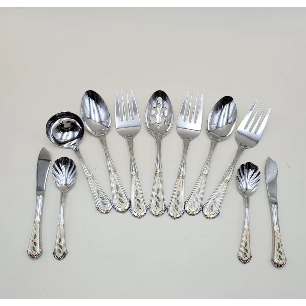 Lenox Holiday 18/8 Stainless Steel Serving Flatware Set of 11 Holly Gold Accent